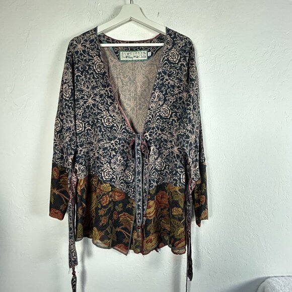 Nothing Matches Womens Mixed Fabric Wrap Tie-Front Top Size 1 Blue Floral Boho - Picture 1 of 8